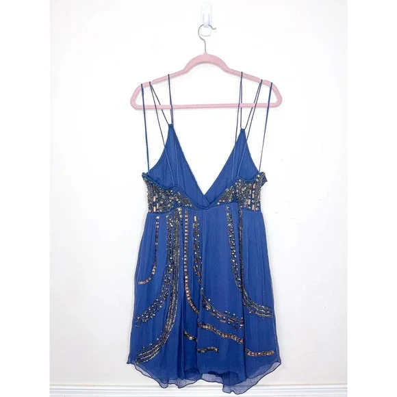 Free People Cassiopeia Navy Beaded Embellished Party Dress Size 0